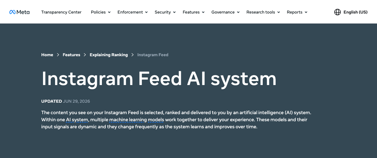 Meta Transparency Center page titled Instagram Feed AI system showing UPDATED JUN 29 2026