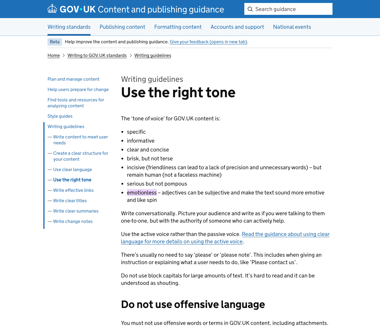 GOV.UK Use the right tone page, tone of voice list including the word emotionless