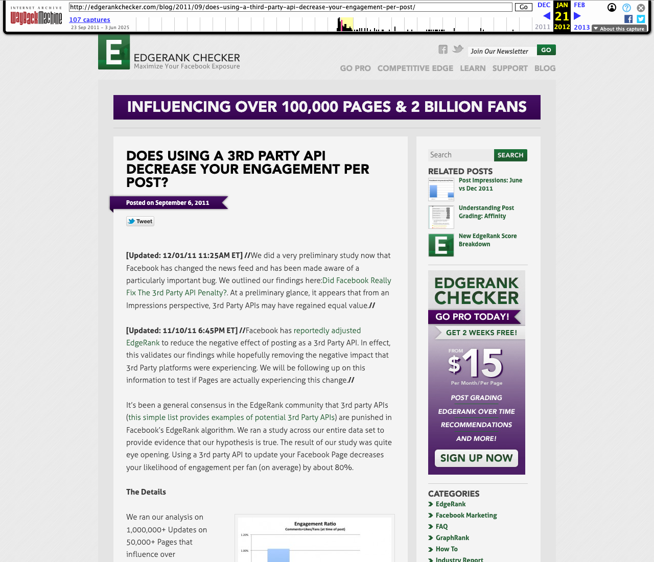 Archived 2011 EdgeRank Checker study on third-party API engagement, dated September 6, 2011