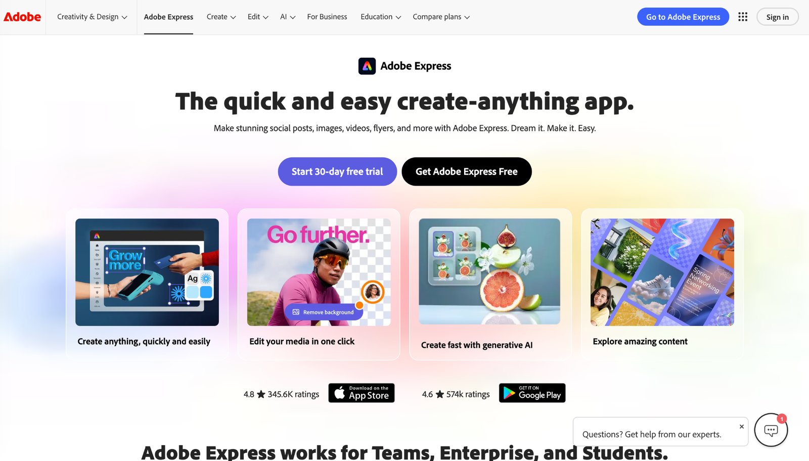 Adobe Express homepage headed The quick and easy create-anything app, with a free trial button