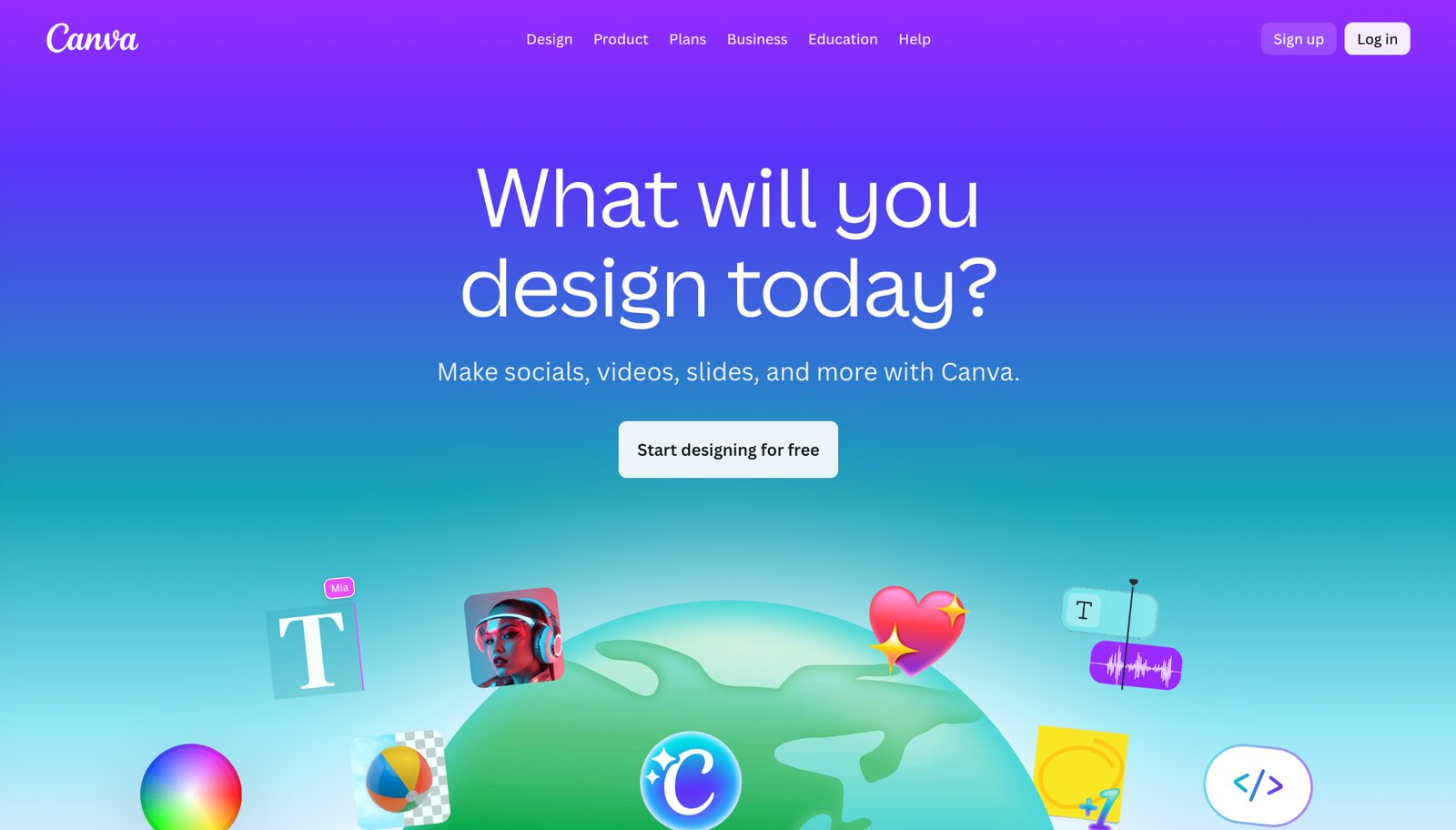 Canva homepage headed What will you design today, with a Start designing for free button