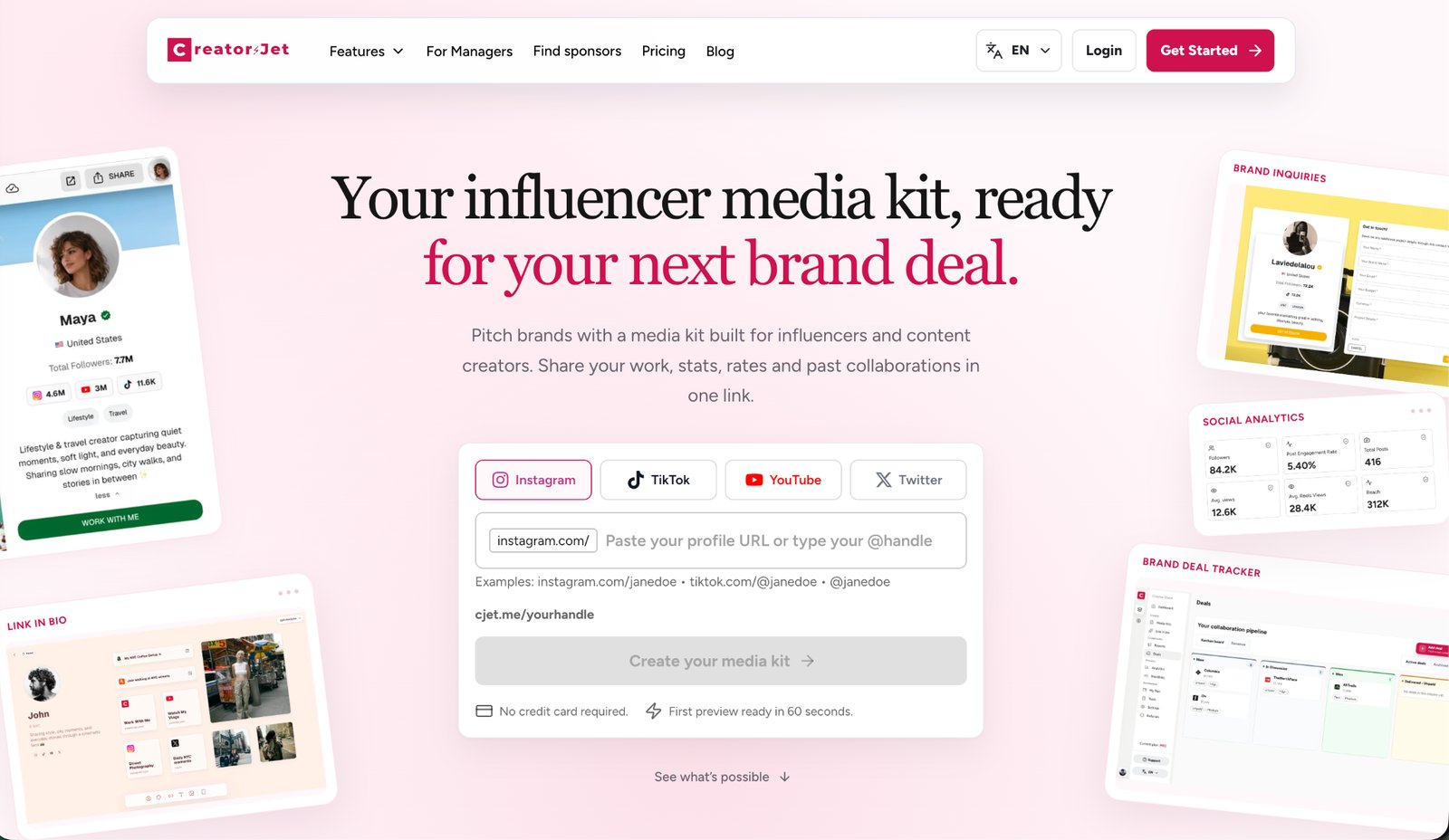 CreatorsJet homepage with a field to paste an Instagram, TikTok, YouTube or X profile URL and create a media kit