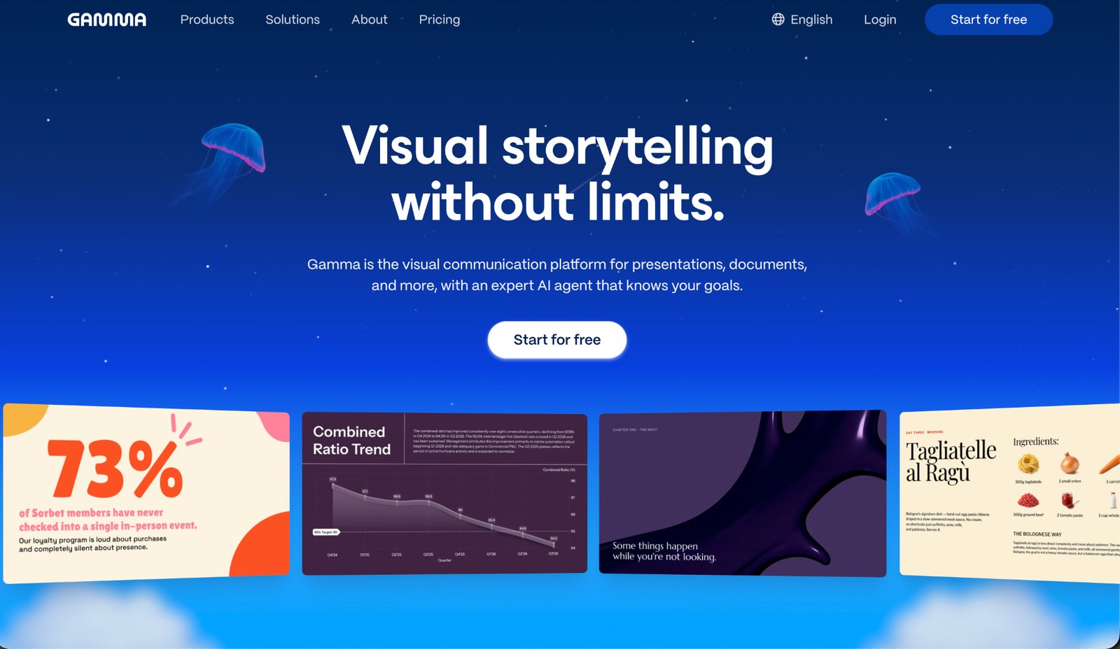 Gamma homepage headed Visual storytelling without limits, with a Start for free button
