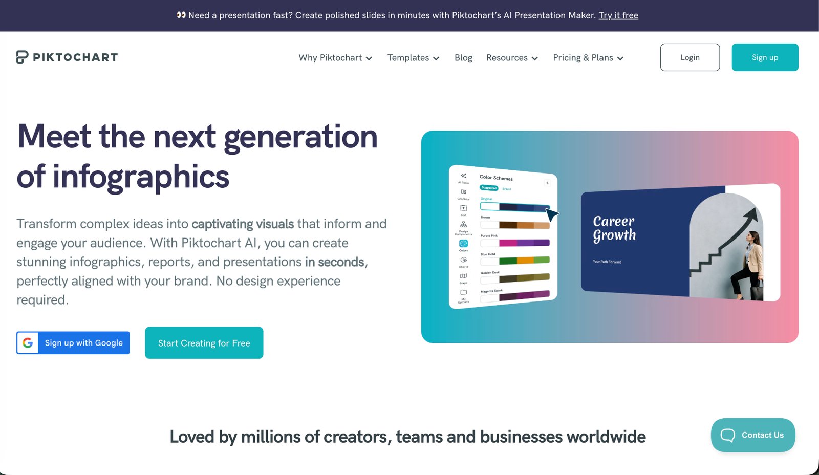 Piktochart homepage headed Meet the next generation of infographics