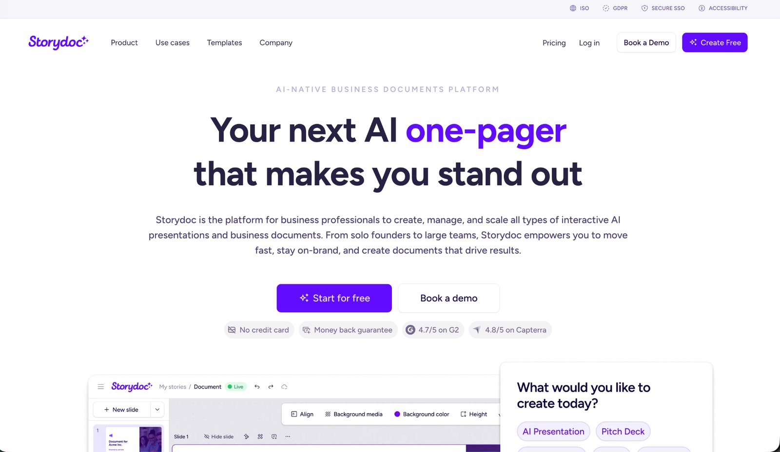 Storydoc homepage headed Your next AI one-pager that makes you stand out