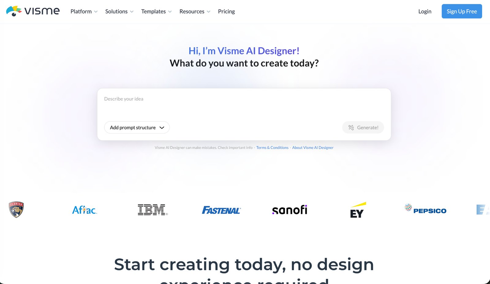 Visme homepage showing the Visme AI Designer prompt box